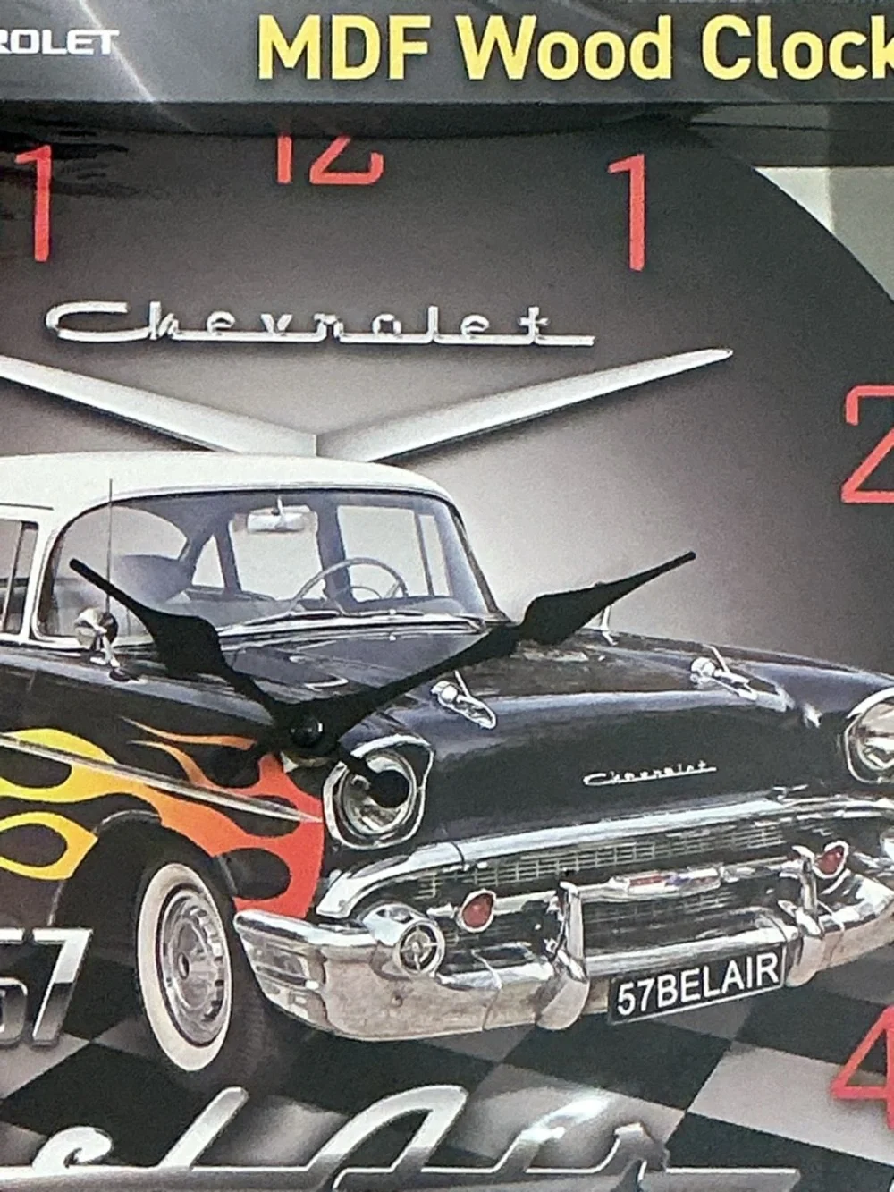 New in box wrapped in plastic 1957 Bel Air MDF Wood Clock - Black with Red